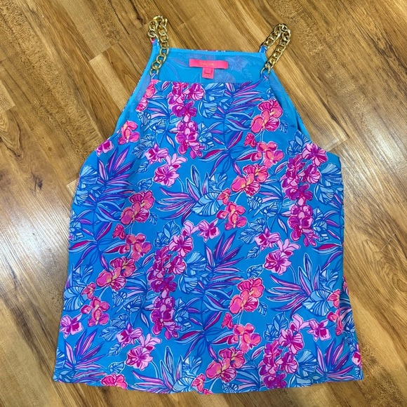 Lily Pulitzer Joanna Silk Top Bold Blue Floral Summer Gold Strap Blouse Size 6 - Picture 2 of 7